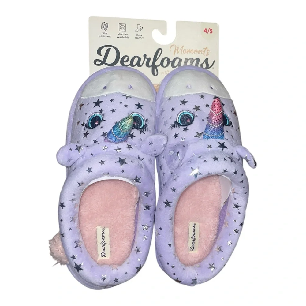 Dearfoams Purple Unicorn Slippers with Rainbow Horn size 4-5